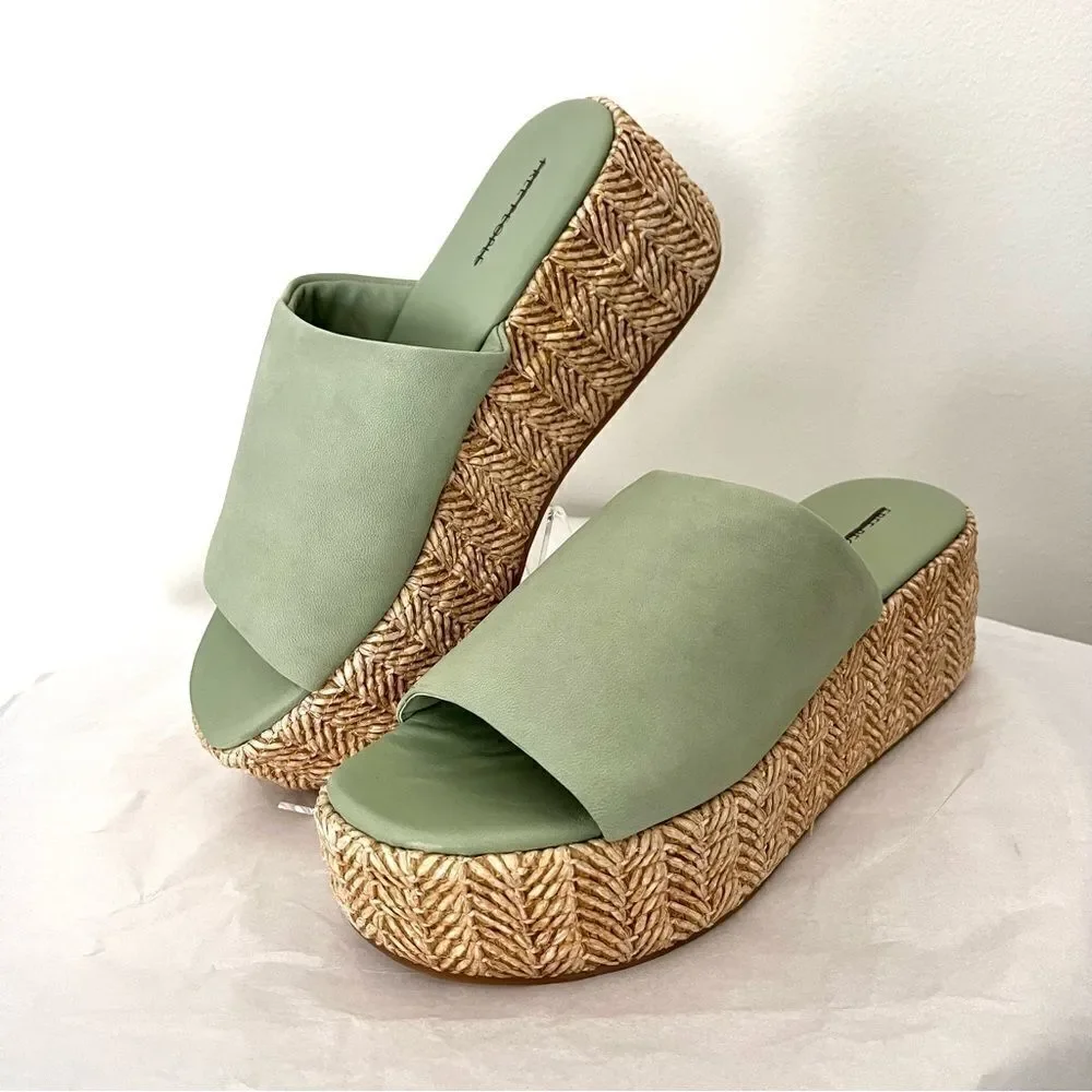 Free People Harbor Raffia Platform Wedge Platform Sandal Light Sage‎ Size 7 NIB
